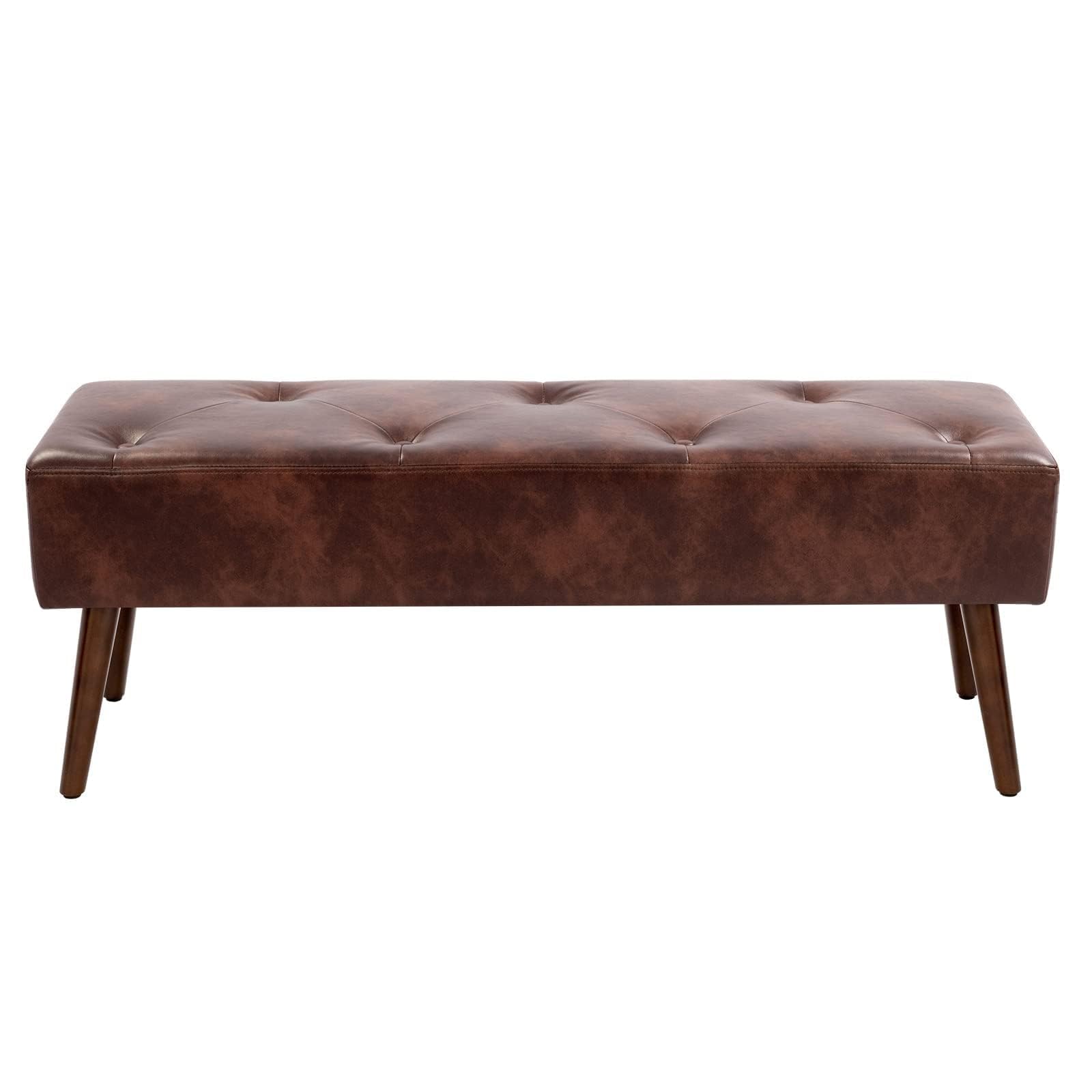 Furniliving 44 Inch Tufted Leather Bench, Leather Footrest Stool Bedroom Bench Seat, Upholstered Tufted Beathable Fabrics Ottoman Bench with X-Shaped Wood Legs for Kitchen, Solid Wood Indoor Bench