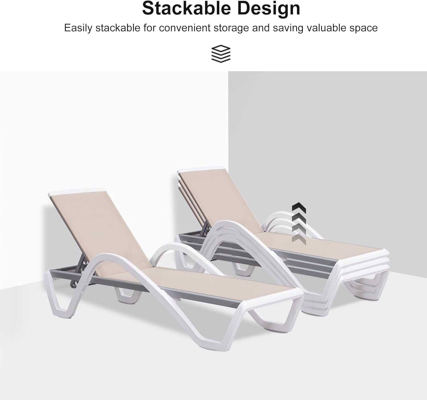 PURPLE LEAF Patio Chaise Lounge Chair with Armrests Outside Aluminum Plastic Stackable Tanning Chairs for Pool Sunbathing Beach Deck Outdoor Lounger, Khaki