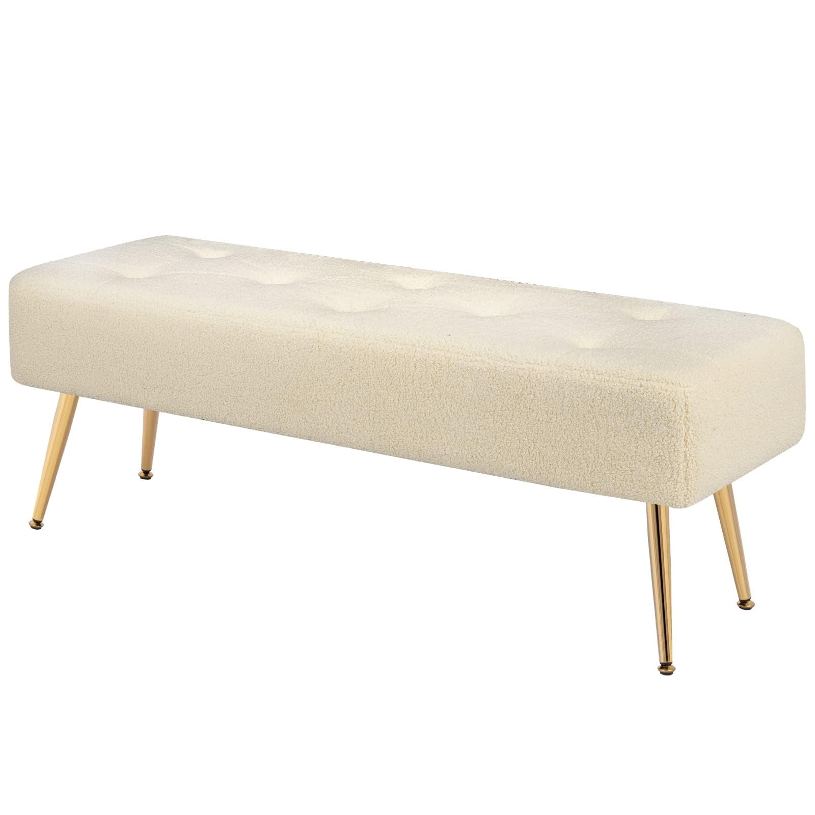 Furniliving 44 Inch Tufted Leather Bench, Leather Footrest Stool Bedroom Bench Seat, Upholstered Tufted Beathable Fabrics Ottoman Bench with X-Shaped Wood Legs for Kitchen, Solid Wood Indoor Bench