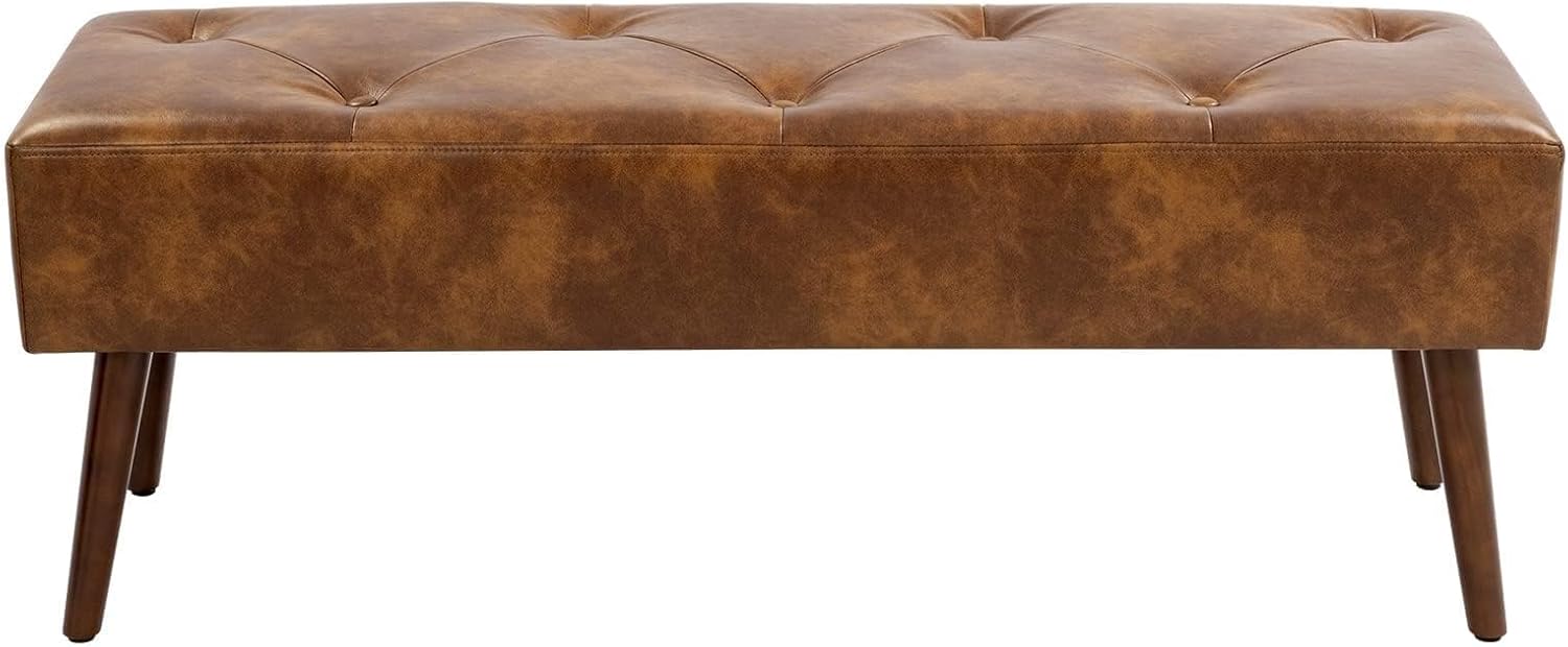 Furniliving 44 Inch Tufted Leather Bench, Leather Footrest Stool Bedroom Bench Seat, Upholstered Tufted Beathable Fabrics Ottoman Bench with X-Shaped Wood Legs for Kitchen, Solid Wood Indoor Bench