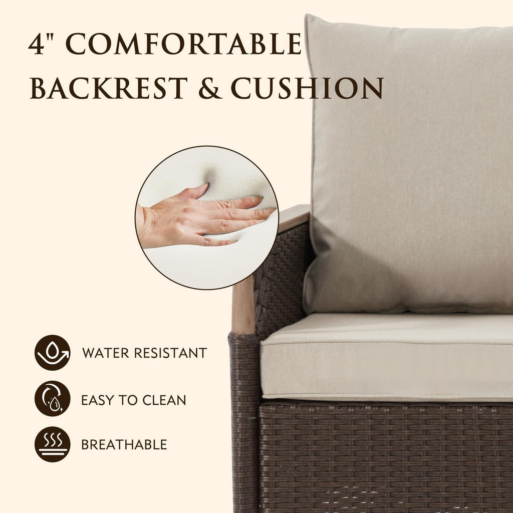 Beige 5-Piece Wicker Swivel Glider Patio Set with Side Table & Ottomans