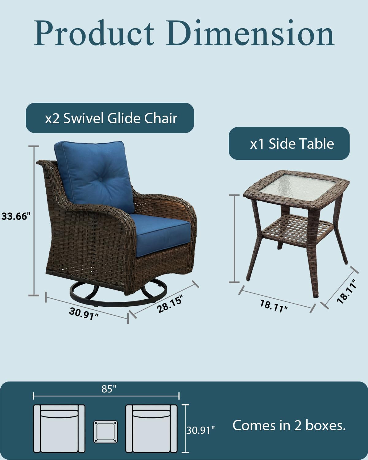 Patio Furniture Set, 3PCS Outdoor Wicker Conversation Set Porch Furniture with 6" Thick Cushions, High Back Swivel Chairs, Weather Resistant Olefin Fabric for Garden, Poolside, Navy Blue