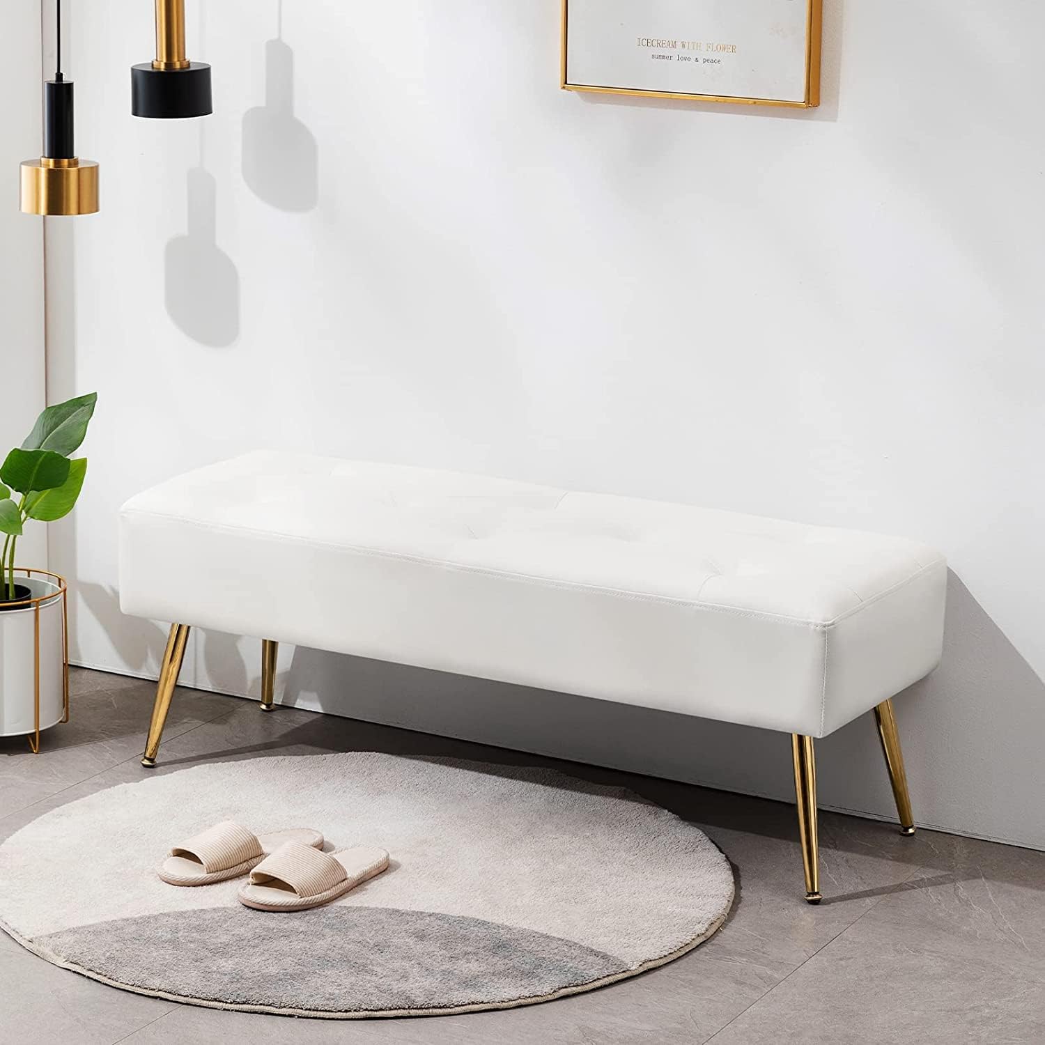 Furniliving 44 Inch Tufted Leather Bench, Leather Footrest Stool Bedroom Bench Seat, Upholstered Tufted Beathable Fabrics Ottoman Bench with X-Shaped Wood Legs for Kitchen, Solid Wood Indoor Bench