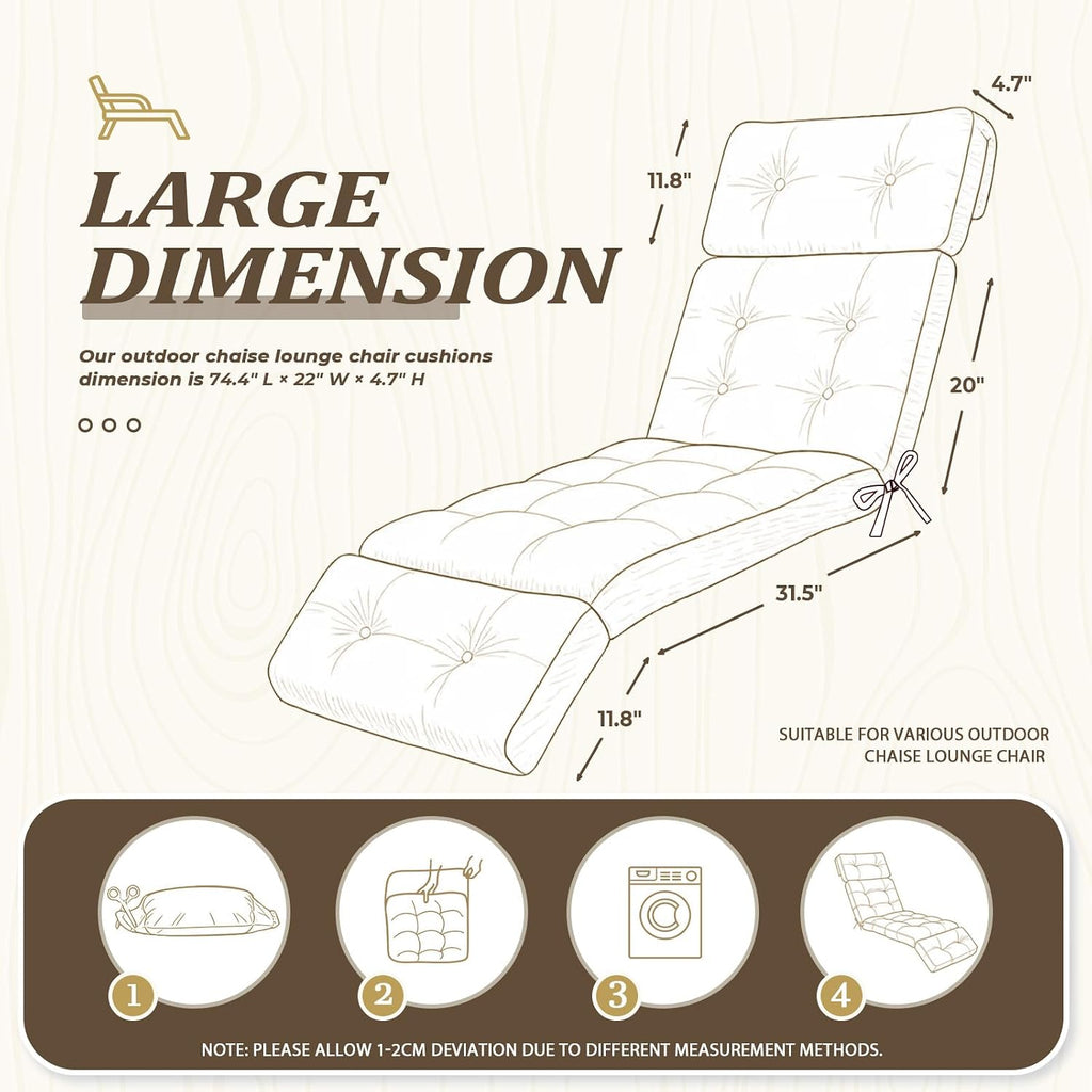 Outdoor Chaise Lounge Cushion with Ties, 74.4"x22" Patio Lounge Chair Cushion Replacement, Thick Cotton Filled Recliner Cushion for Poolside, Patio, Lawn & Garden, Brown (Cushion ONLY)