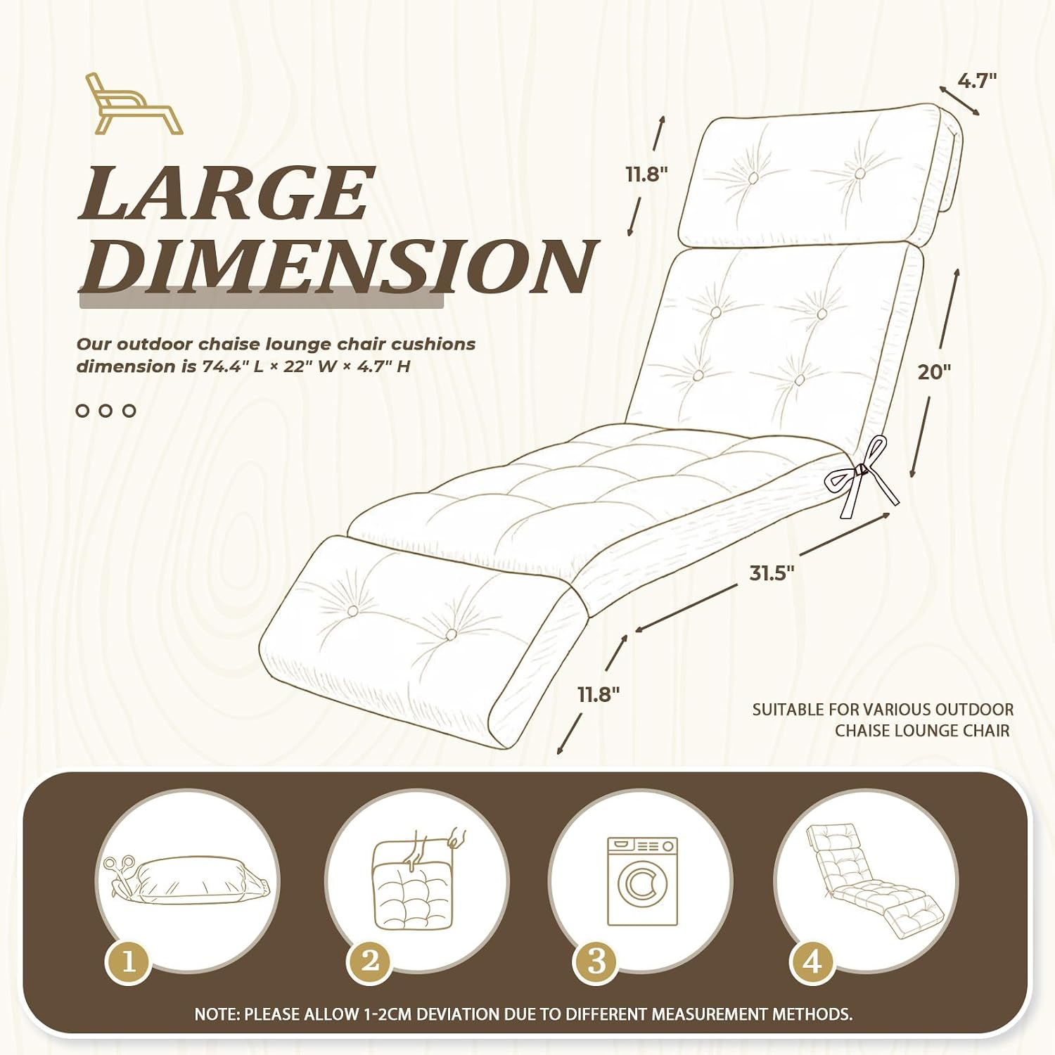 Outdoor Chaise Lounge Cushion with Ties, 74.4"x22" Patio Lounge Chair Cushion Replacement, Thick Cotton Filled Recliner Cushion for Poolside, Patio, Lawn & Garden, Brown (Cushion ONLY)