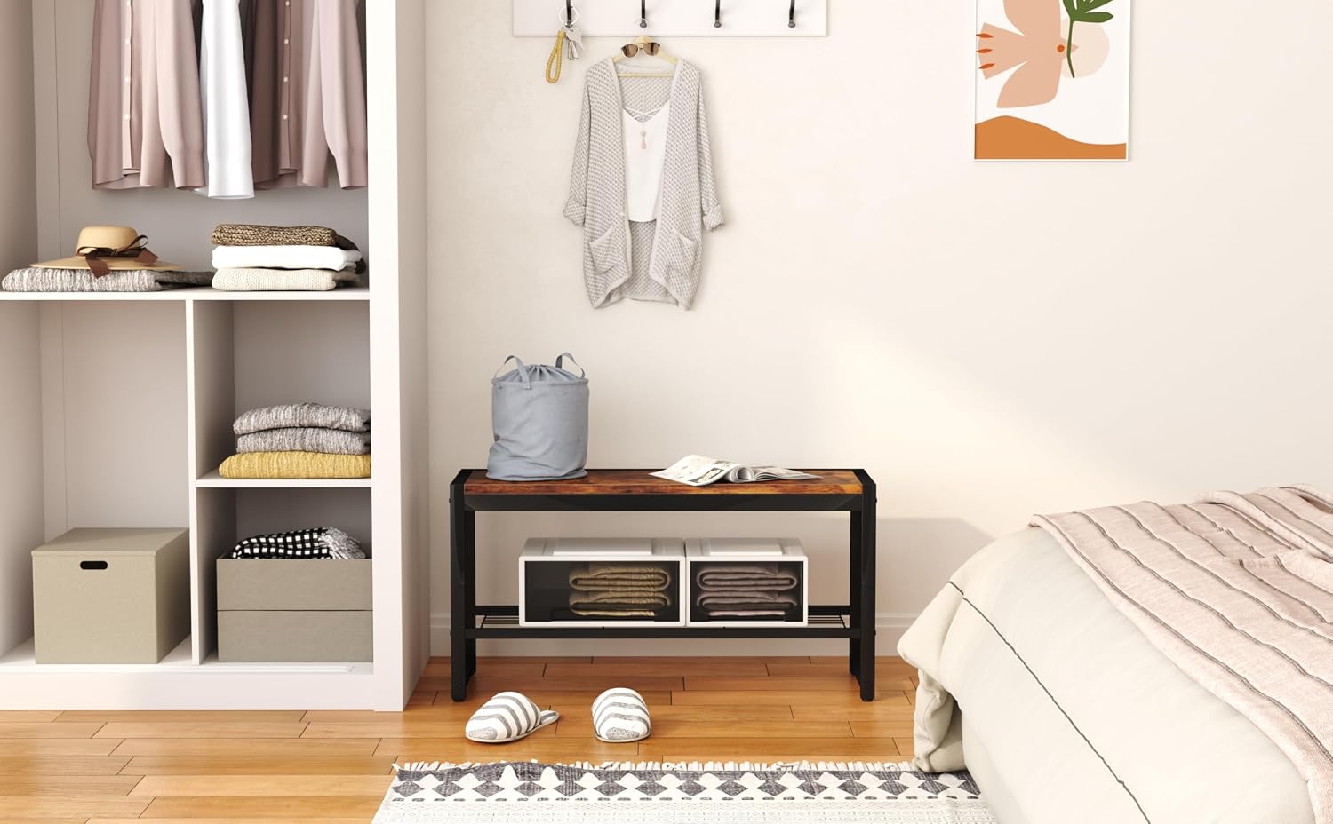 HOMEFORT Shoe Bench, Modern Industrial Shoe Storage Bench, Entryway Bench with Mesh Shelf and Sturdy Metal Frame, Metal Shoe Rack Bench for Hallway, Mudroom, Living Room, Rustic Brown