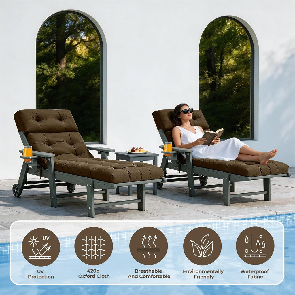 Outdoor Chaise Lounge Cushion with Ties, 74.4"x22" Patio Lounge Chair Cushion Replacement, Thick Cotton Filled Recliner Cushion for Poolside, Patio, Lawn & Garden, Brown (Cushion ONLY)
