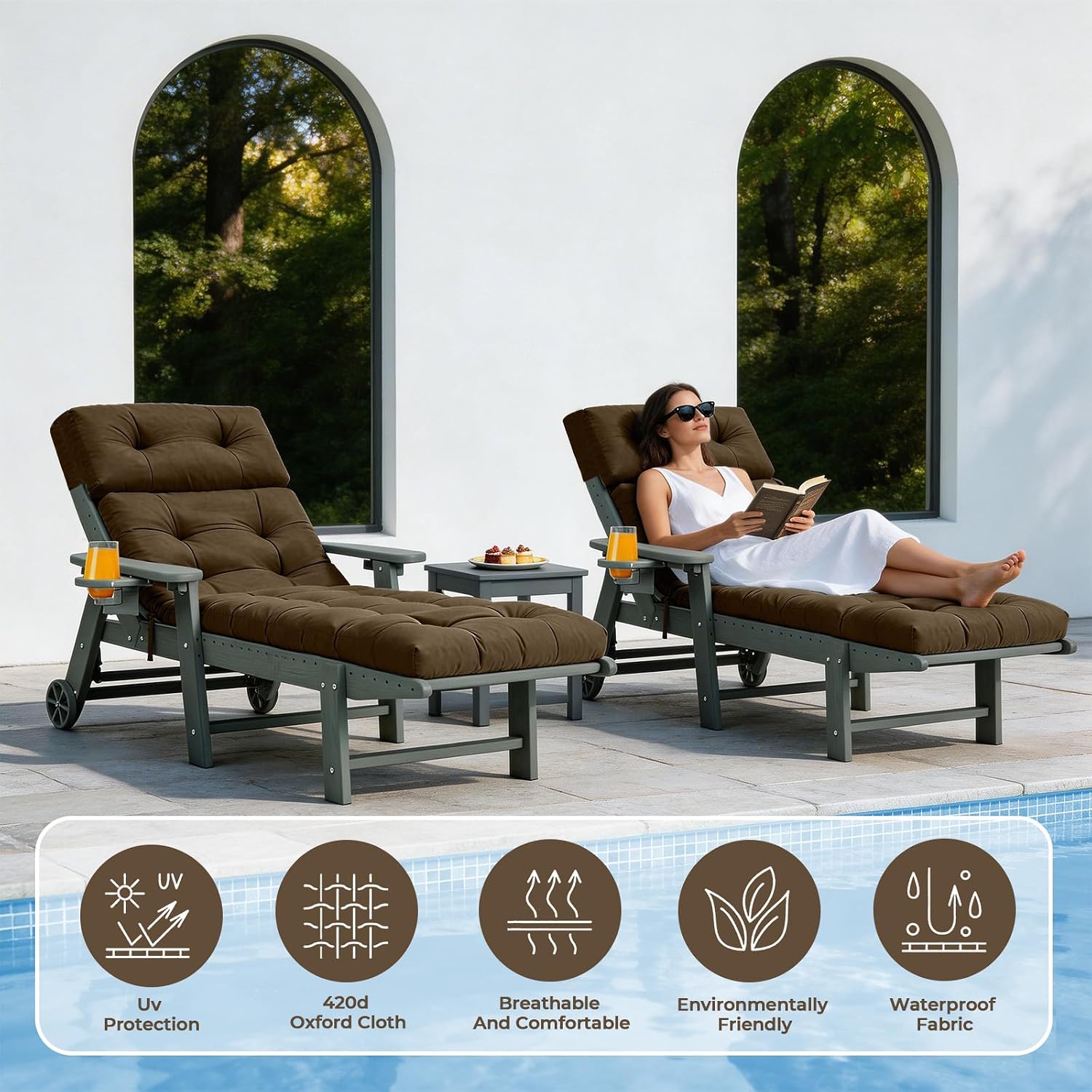 Outdoor Chaise Lounge Cushion with Ties, 74.4"x22" Patio Lounge Chair Cushion Replacement, Thick Cotton Filled Recliner Cushion for Poolside, Patio, Lawn & Garden, Brown (Cushion ONLY)
