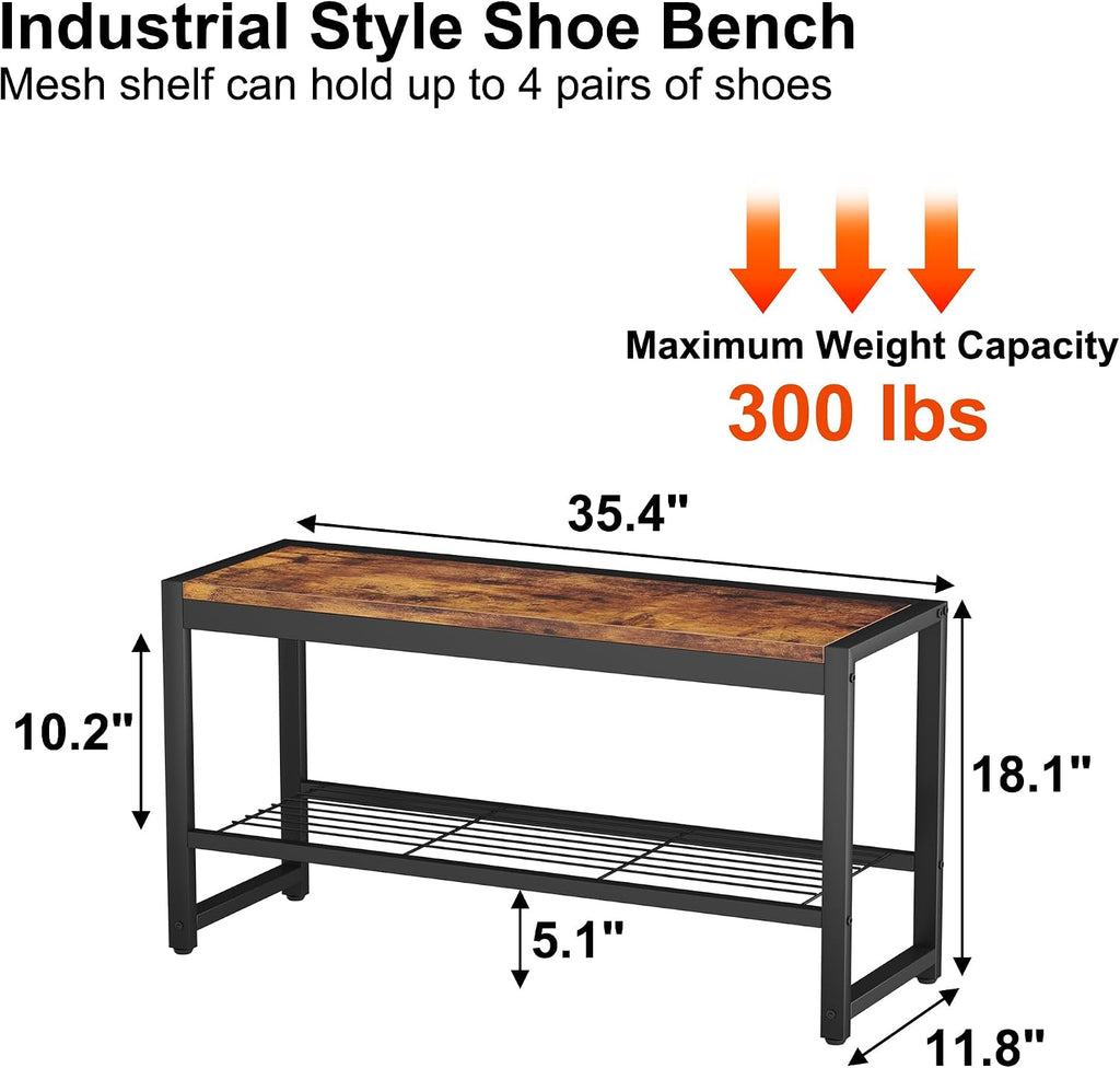 HOMEFORT Shoe Bench, Modern Industrial Shoe Storage Bench, Entryway Bench with Mesh Shelf and Sturdy Metal Frame, Metal Shoe Rack Bench for Hallway, Mudroom, Living Room, Rustic Brown