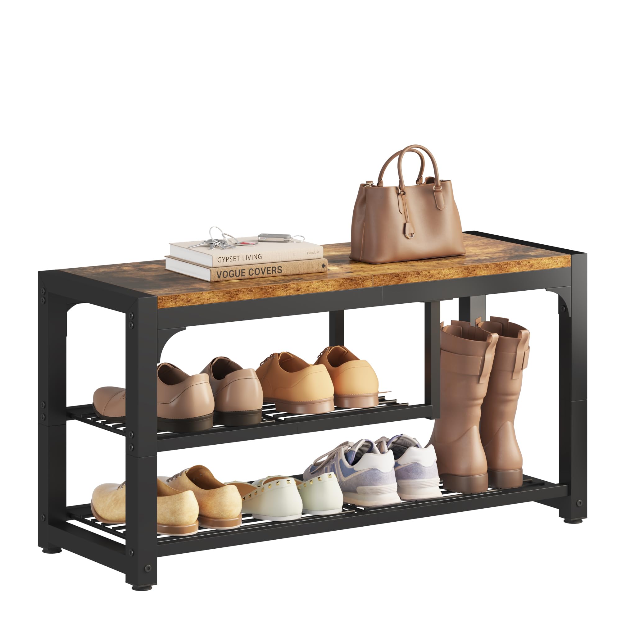 HOMEFORT Shoe Bench, Modern Industrial Shoe Storage Bench, Entryway Bench with Mesh Shelf and Sturdy Metal Frame, Metal Shoe Rack Bench for Hallway, Mudroom, Living Room, Rustic Brown