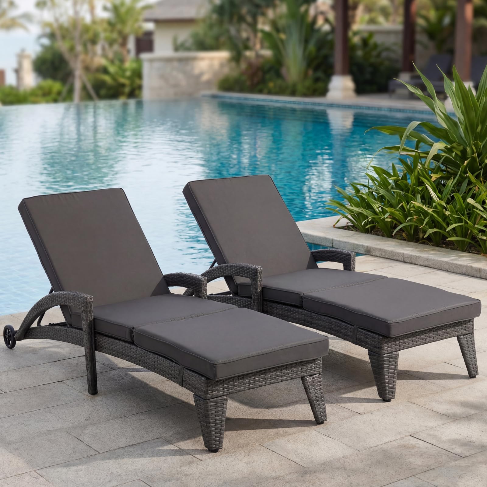 Patio Chaise Lounger Set of 2, Outdoor Lounger Patio Chairs, Heavy Duty Lounge Chairs Outdoor, Chaise Lounges for Resort, Backyard, Deck, Poolside, Garden, Grey Stripe