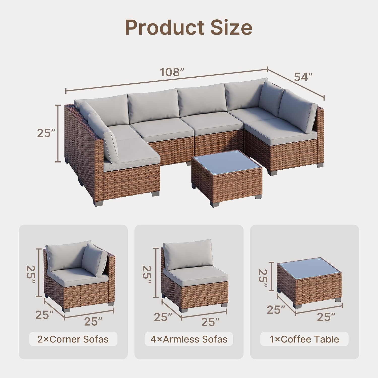 Grey 7-Piece PE Rattan Patio Furniture Set