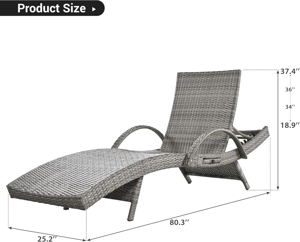 Outdoor Wicker Chaise Lounge Chairs Set of 2, 80'' Patio Rattan Reclining Chair w/Pull-Out Side Table &5-Level Adjustable Backrest Ergonomic Wave Design Pool Sunbathing Recliners, Gray