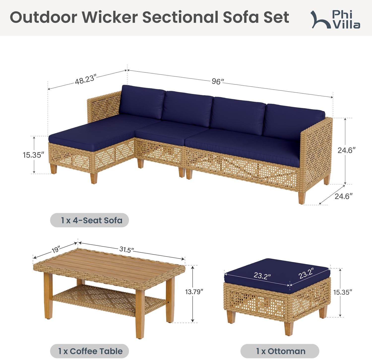 Navy 7pc U-Shaped Wicker Patio Set