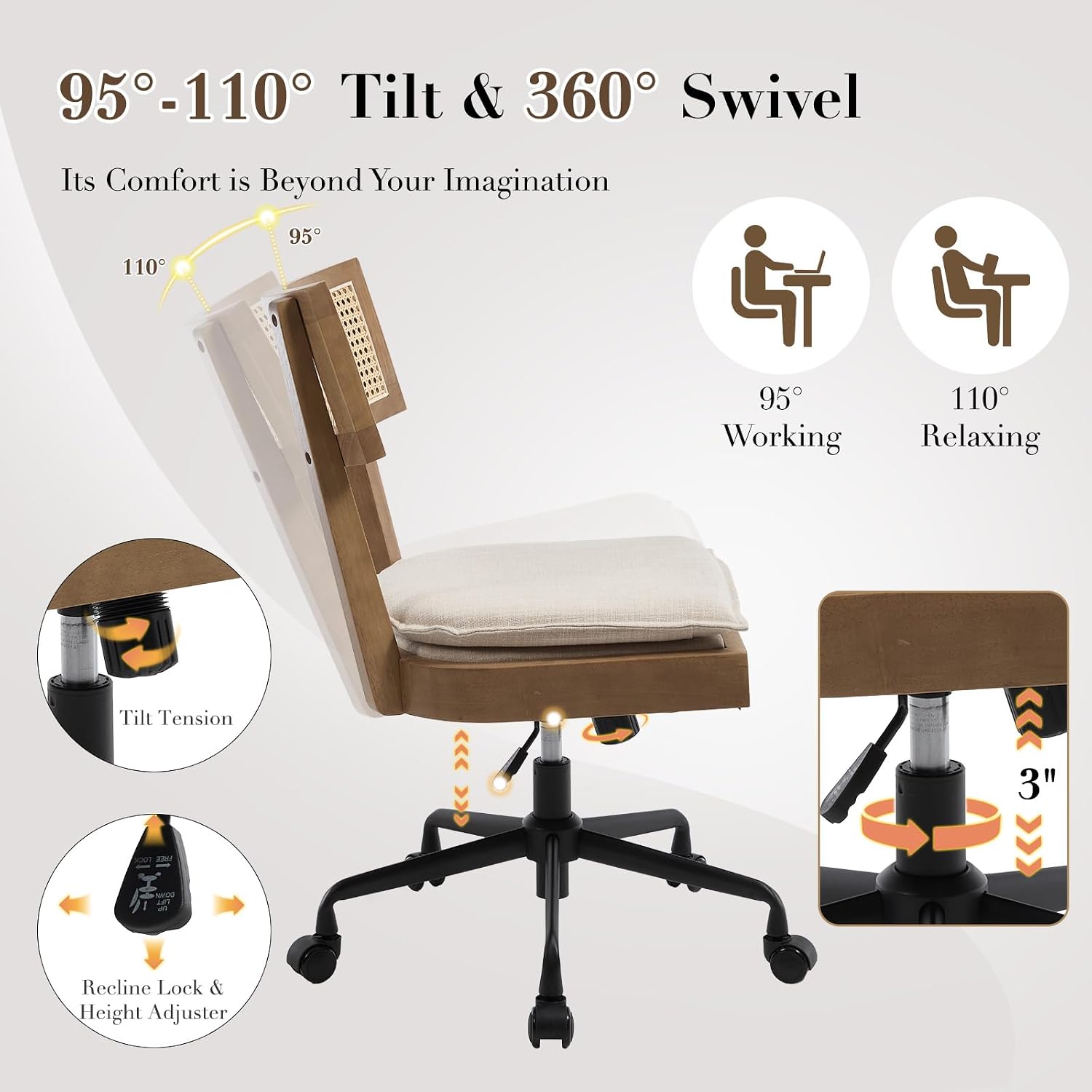 Home Office Desk Chair with Wheels, Ergonomic Computer Task Chair with Rattan Back, Adjustable Height Armless Swivel Chair with Removable Cushion for Small Space, Light Brown