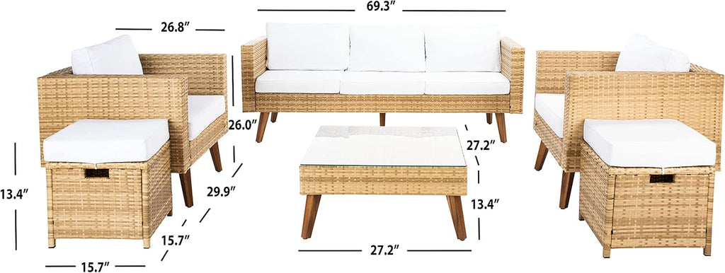 SAFAVIEH Outdoor Collection Presla Natural/White 6-Piece Patio Living Set PAT7715D-3BX