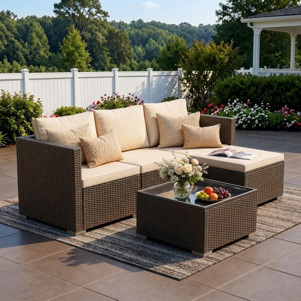 WWR Patio Furniture Set 5 Piece - Wide Armrests - All-Weather Wicker Rattan Outdoor Conversation Couch Sets, Modular Sectional Sofa for Garden, Patio, Poolside, Backyard, Balcony, Porch