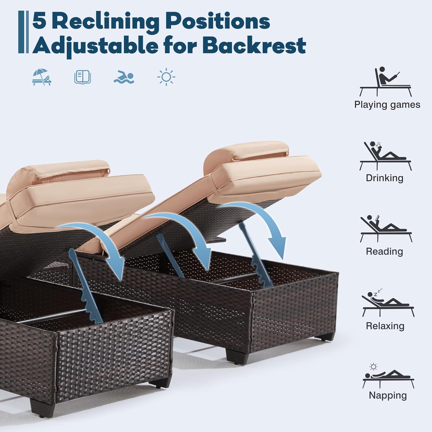 2 Adjustable Pool Chaise Lounges Khaki