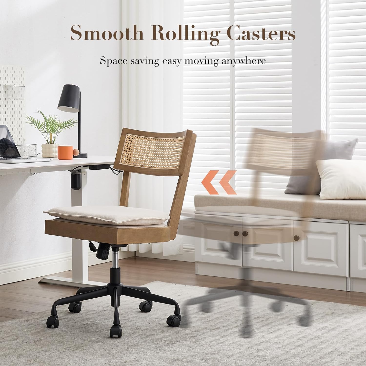 Home Office Desk Chair with Wheels, Ergonomic Computer Task Chair with Rattan Back, Adjustable Height Armless Swivel Chair with Removable Cushion for Small Space, Light Brown