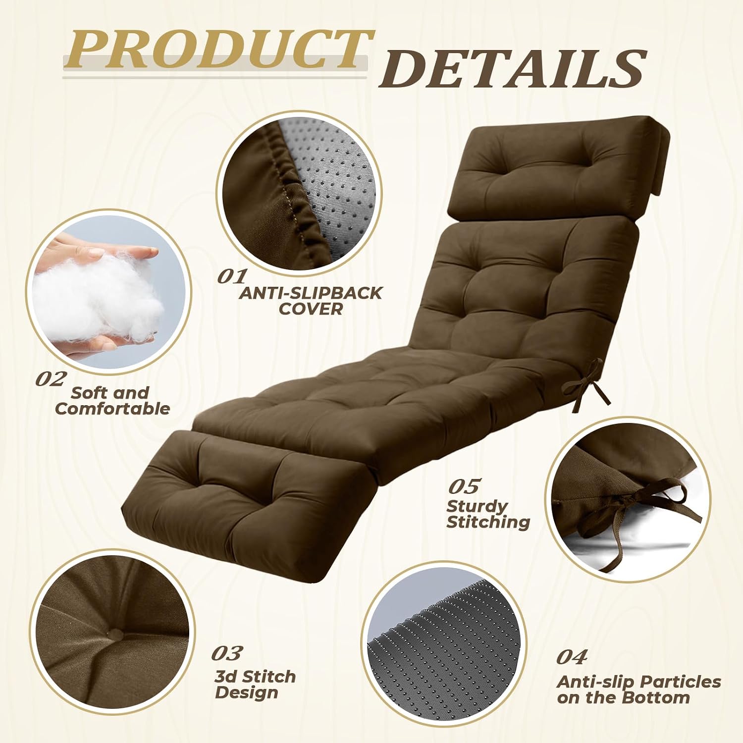 Outdoor Chaise Lounge Cushion with Ties, 74.4"x22" Patio Lounge Chair Cushion Replacement, Thick Cotton Filled Recliner Cushion for Poolside, Patio, Lawn & Garden, Brown (Cushion ONLY)
