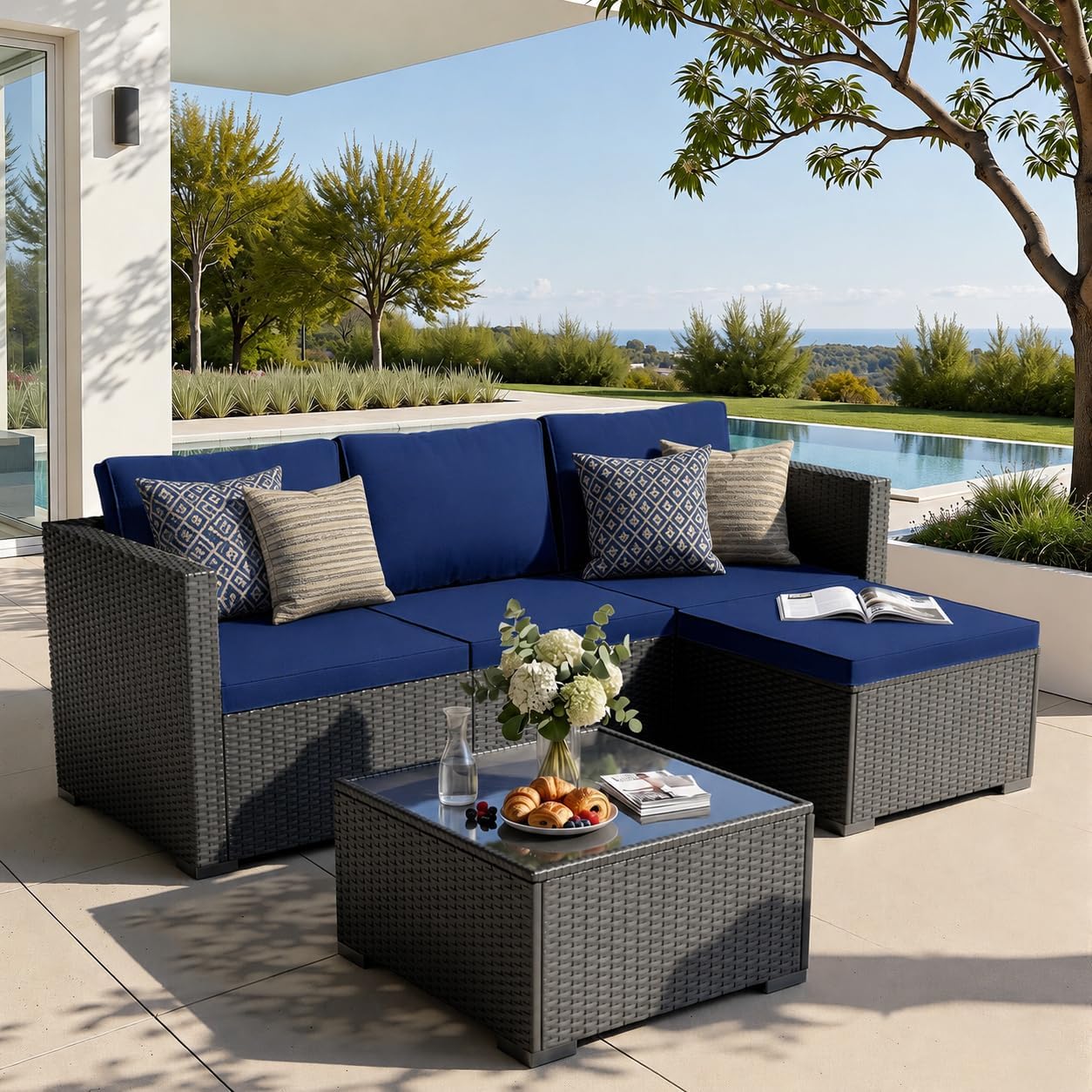 WWR Patio Furniture Set 5 Piece - Wide Armrests - All-Weather Wicker Rattan Outdoor Conversation Couch Sets, Modular Sectional Sofa for Garden, Patio, Poolside, Backyard, Balcony, Porch