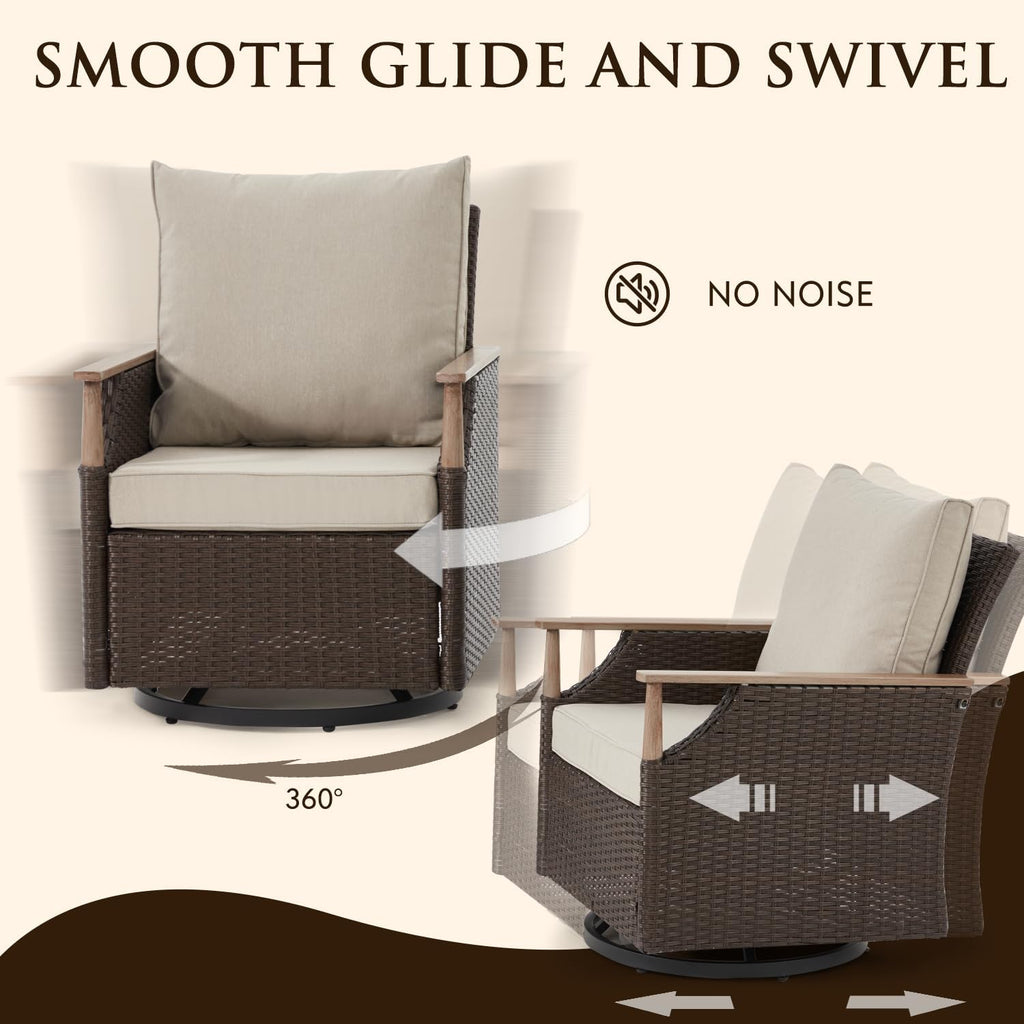 Beige 5-Piece Wicker Swivel Glider Patio Set with Side Table & Ottomans