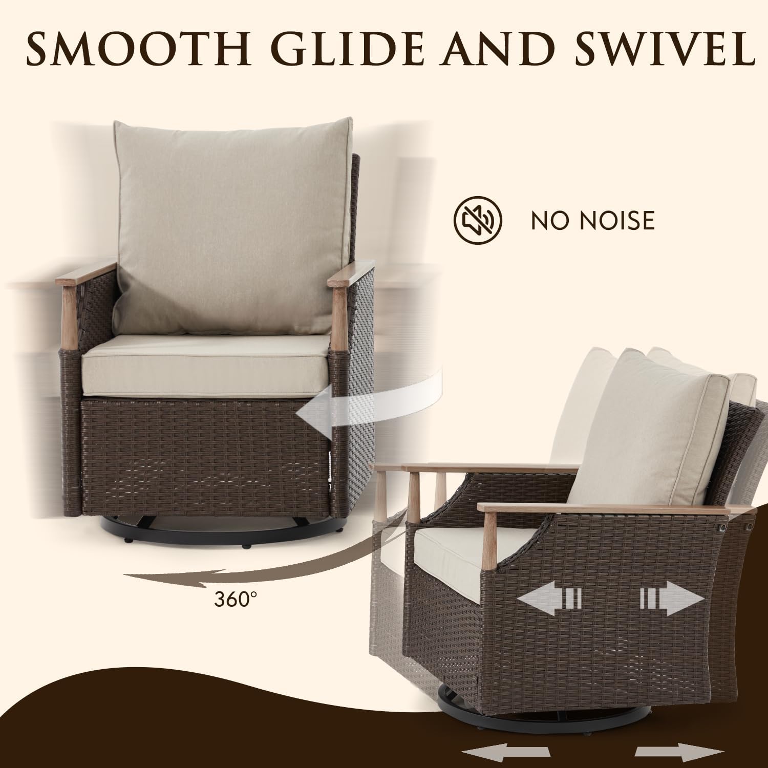 Beige 5-Piece Wicker Swivel Glider Patio Set with Side Table & Ottomans