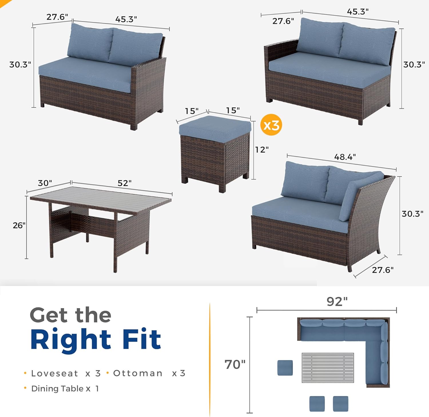 Wisteria Lane Blue 7-Piece Wicker Patio Sectional Set