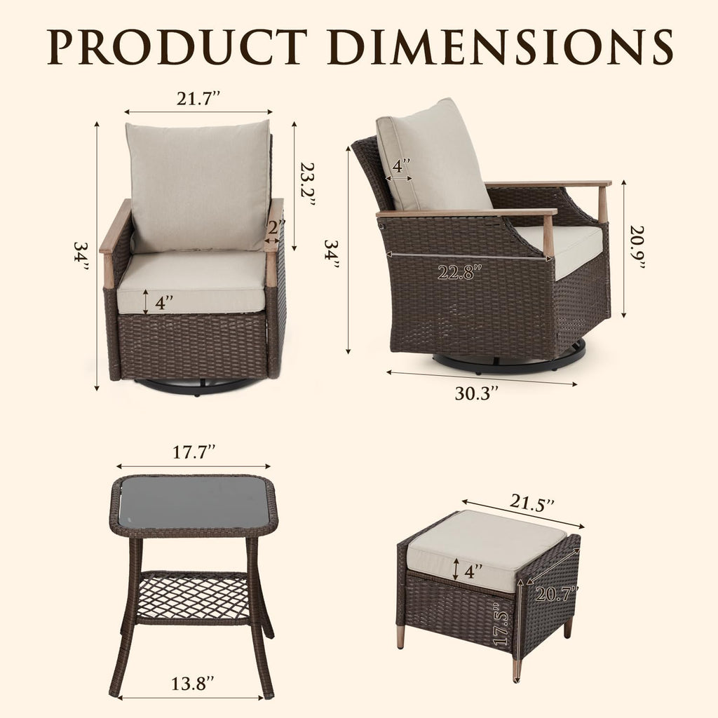 Beige 5-Piece Wicker Swivel Glider Patio Set with Side Table & Ottomans