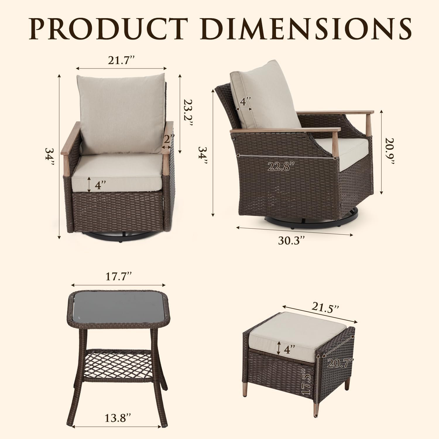 Beige 5-Piece Wicker Swivel Glider Patio Set with Side Table & Ottomans