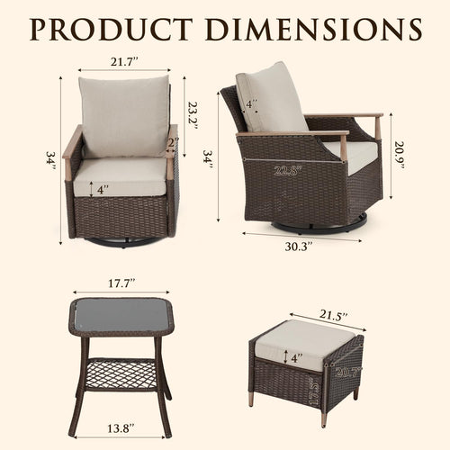 Beige 5-Piece Wicker Swivel Glider Patio Set with Side Table & Ottomans