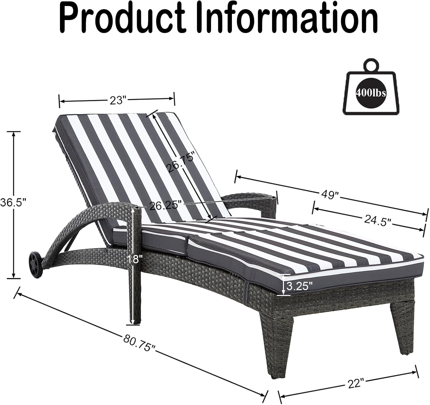 Patio Chaise Lounger Set of 2, Outdoor Lounger Patio Chairs, Heavy Duty Lounge Chairs Outdoor, Chaise Lounges for Resort, Backyard, Deck, Poolside, Garden, Grey Stripe