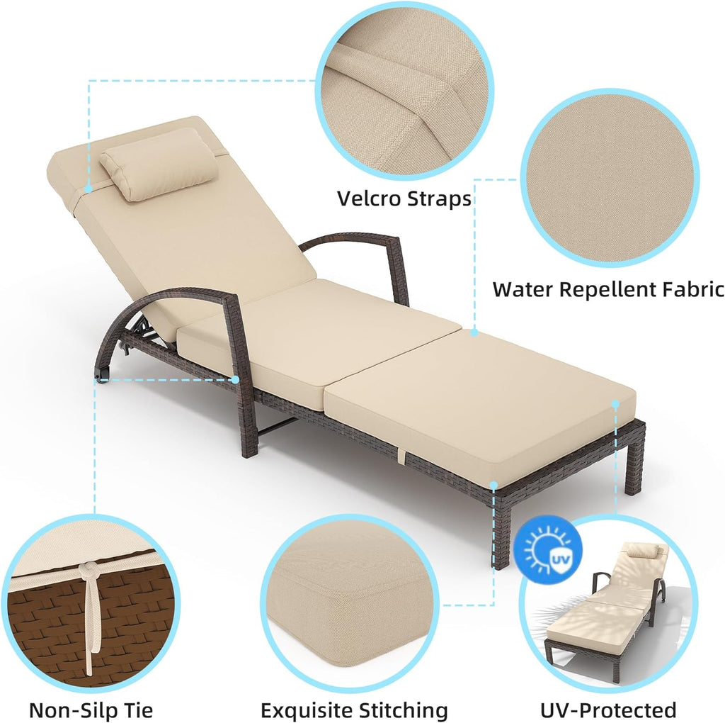 2 Beige Wicker Adjustable Pool Chaise Lounges