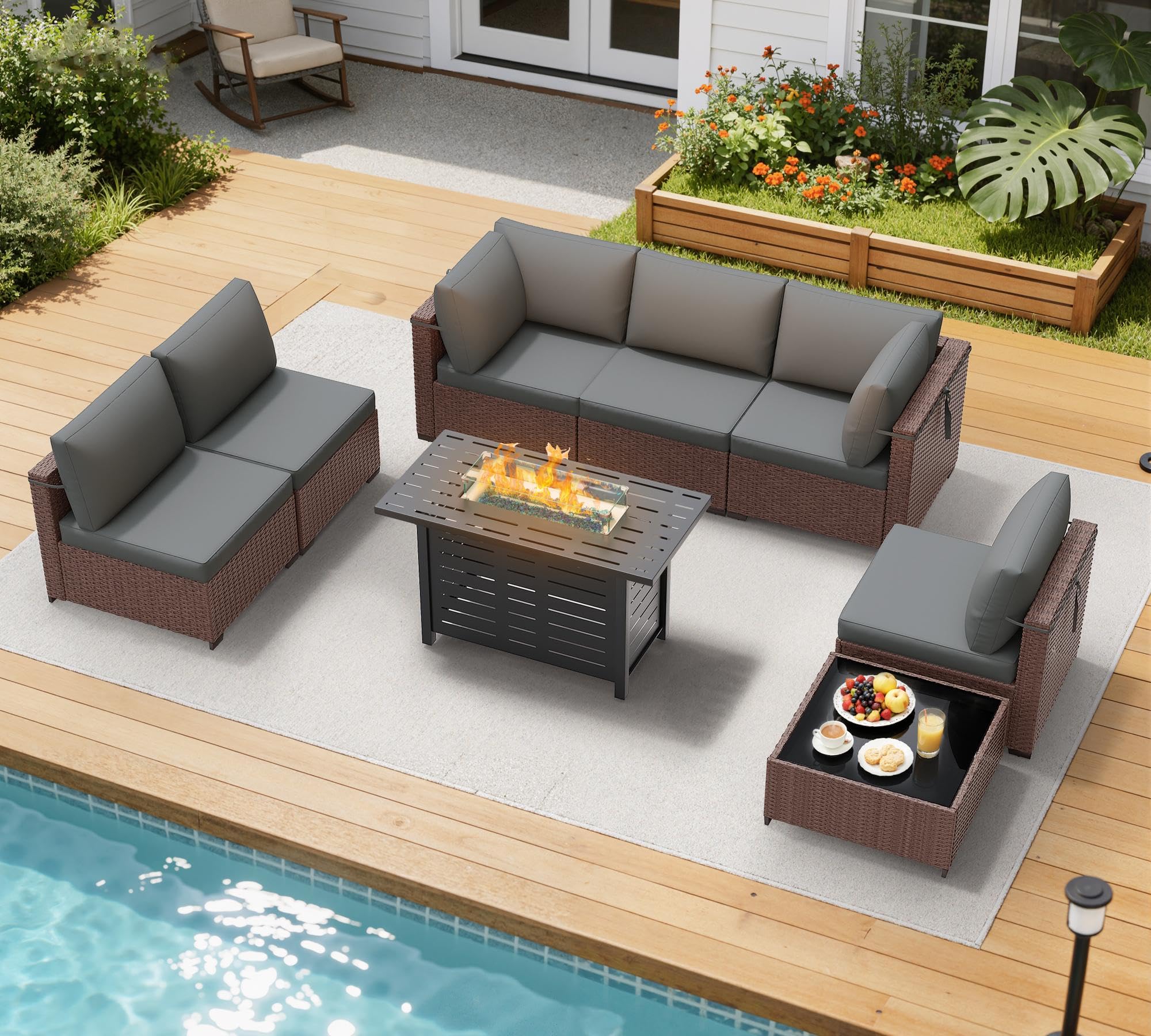 LOUVIXA 7 Piece Outdoor Patio Furniture Set, Rattan Chairs Glass Table Wicker Conversation Seating Sectional Sofa with Cushions (Brown-Navy, 7Pcs-2 Layer Coffee Table)