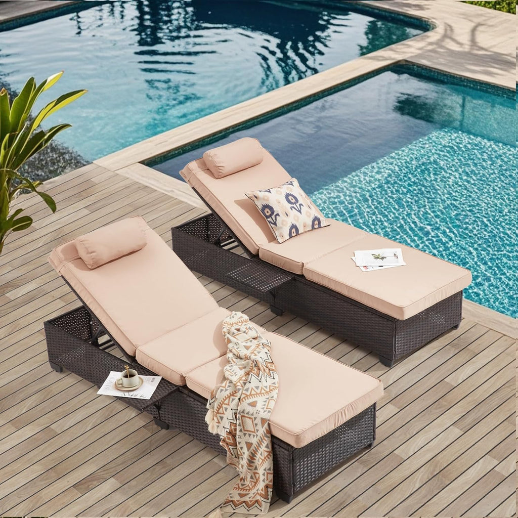 2 Adjustable Pool Chaise Lounges Khaki