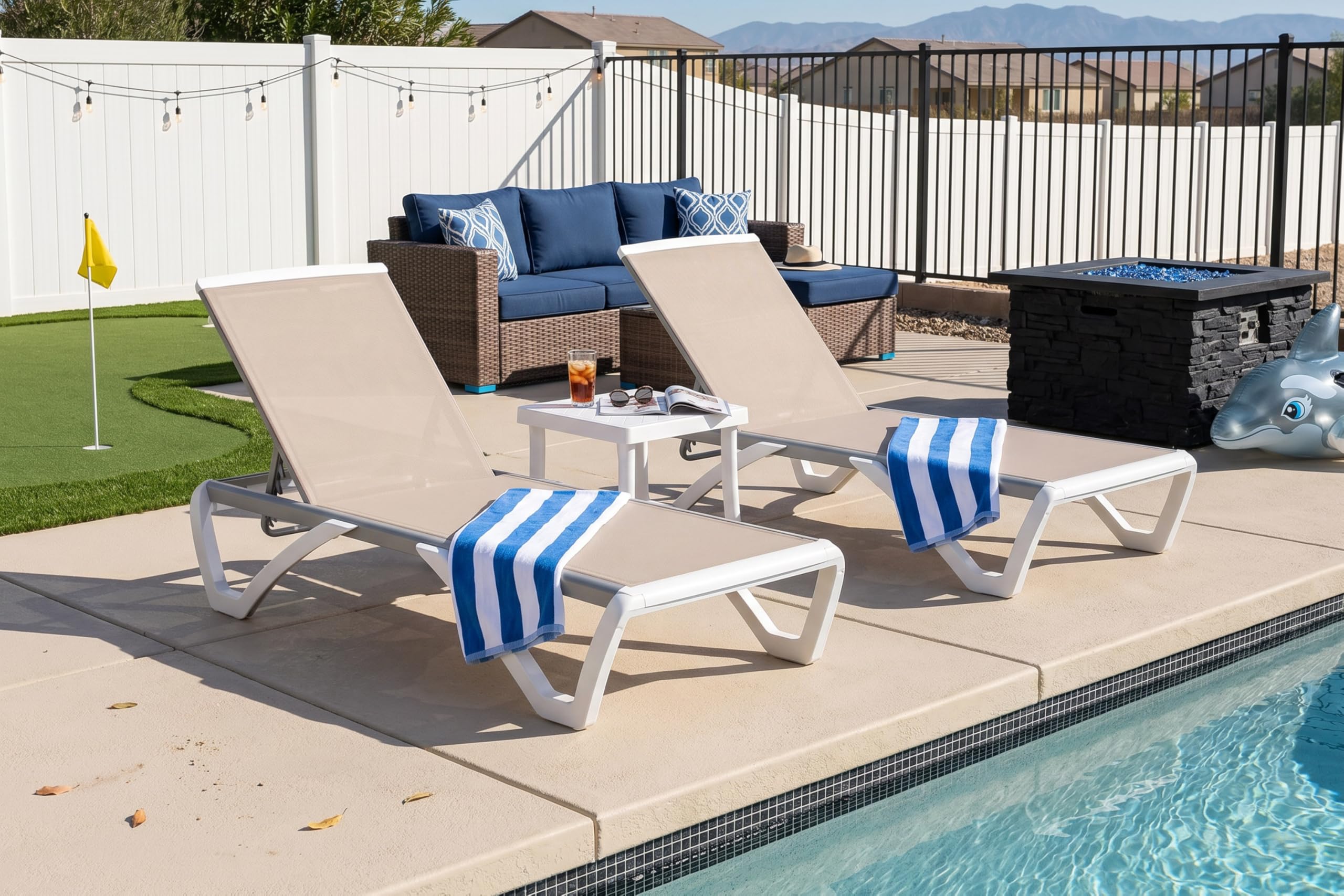 PURPLE LEAF Patio Chaise Lounge Chair with Armrests Outside Aluminum Plastic Stackable Tanning Chairs for Pool Sunbathing Beach Deck Outdoor Lounger, Khaki