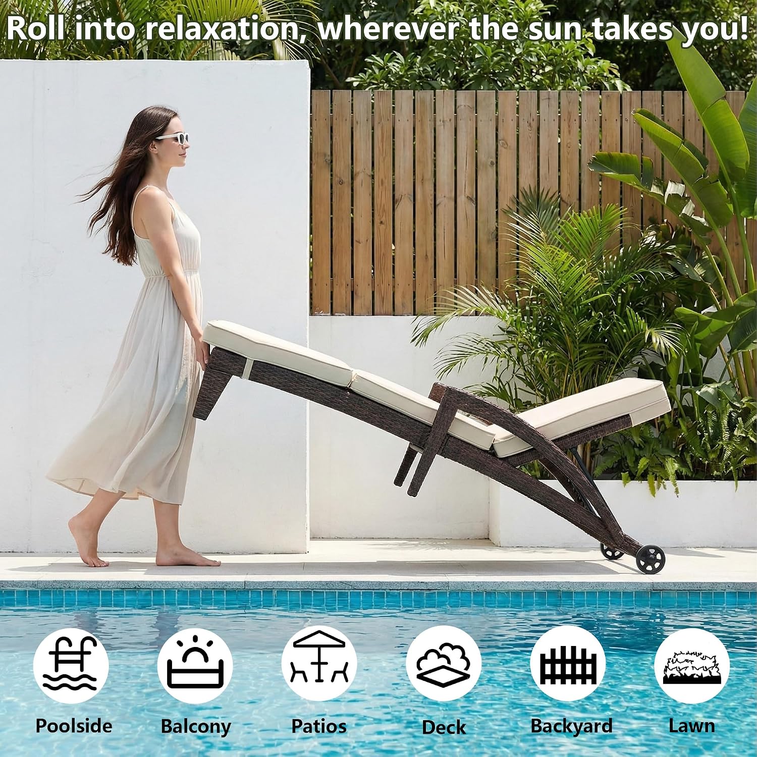 2 Khaki Wheeled Wicker Pool Lounges