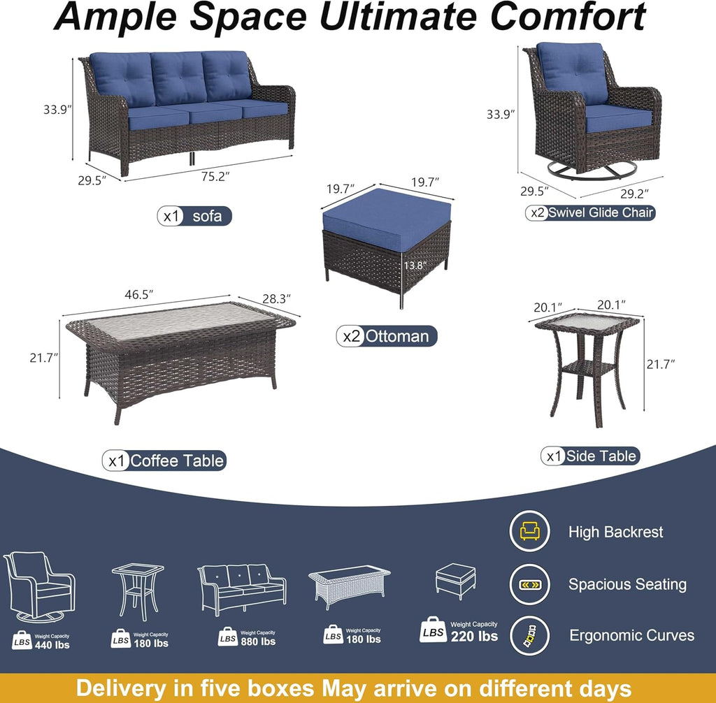 Dark Blue 8-Piece Wicker Patio Sectional Set with Swivel Chairs