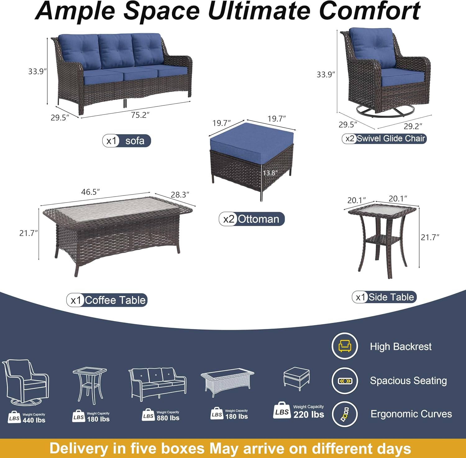 Dark Blue 8-Piece Wicker Patio Sectional Set with Swivel Chairs