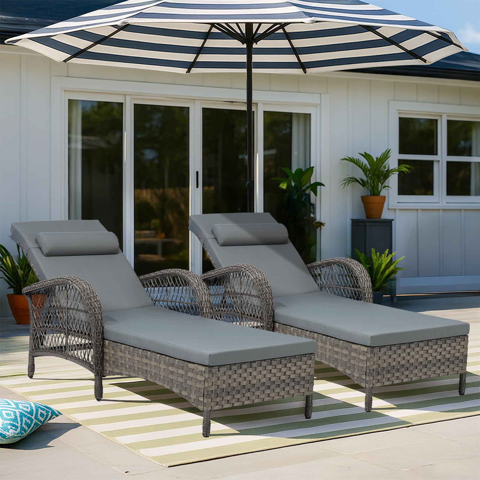 VIVIJASON Outdoor Wicker Chaise Lounge Chair, All-Weather PE Rattan Cushioned Patio Lounger Chair, 6-Position Adjustable Pool Sunbathing Recliner with Armrest & Pillow for Poolside Deck Yard, Gray