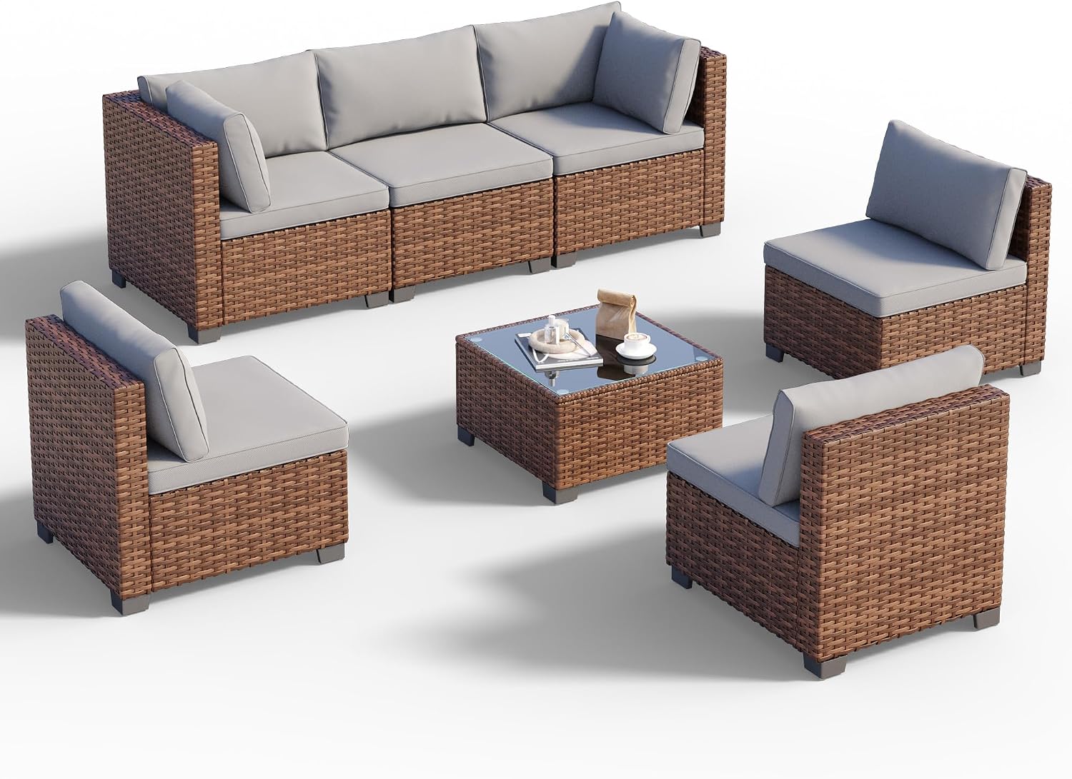 Grey 7-Piece PE Rattan Patio Furniture Set