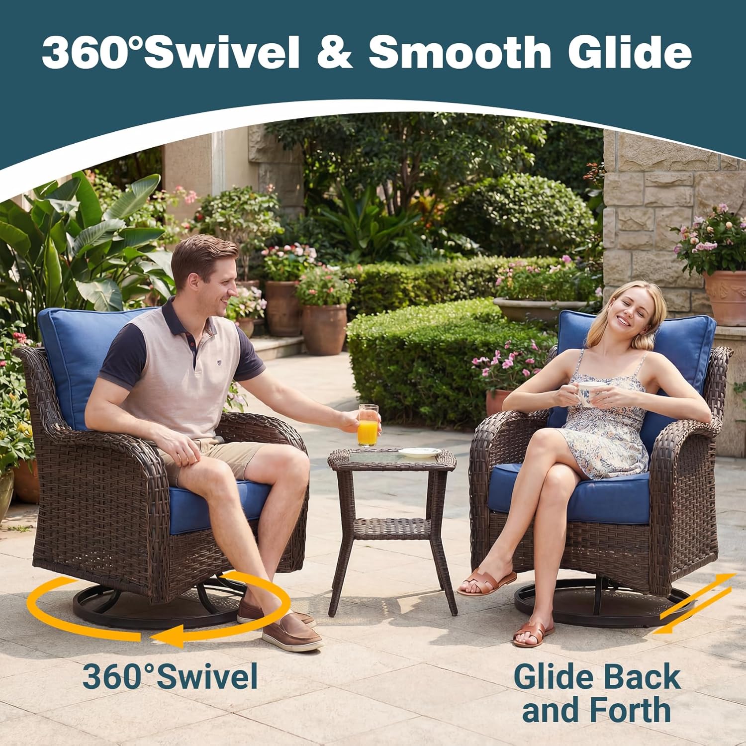 Patio Furniture Set, 3PCS Outdoor Wicker Conversation Set Porch Furniture with 6" Thick Cushions, High Back Swivel Chairs, Weather Resistant Olefin Fabric for Garden, Poolside, Navy Blue