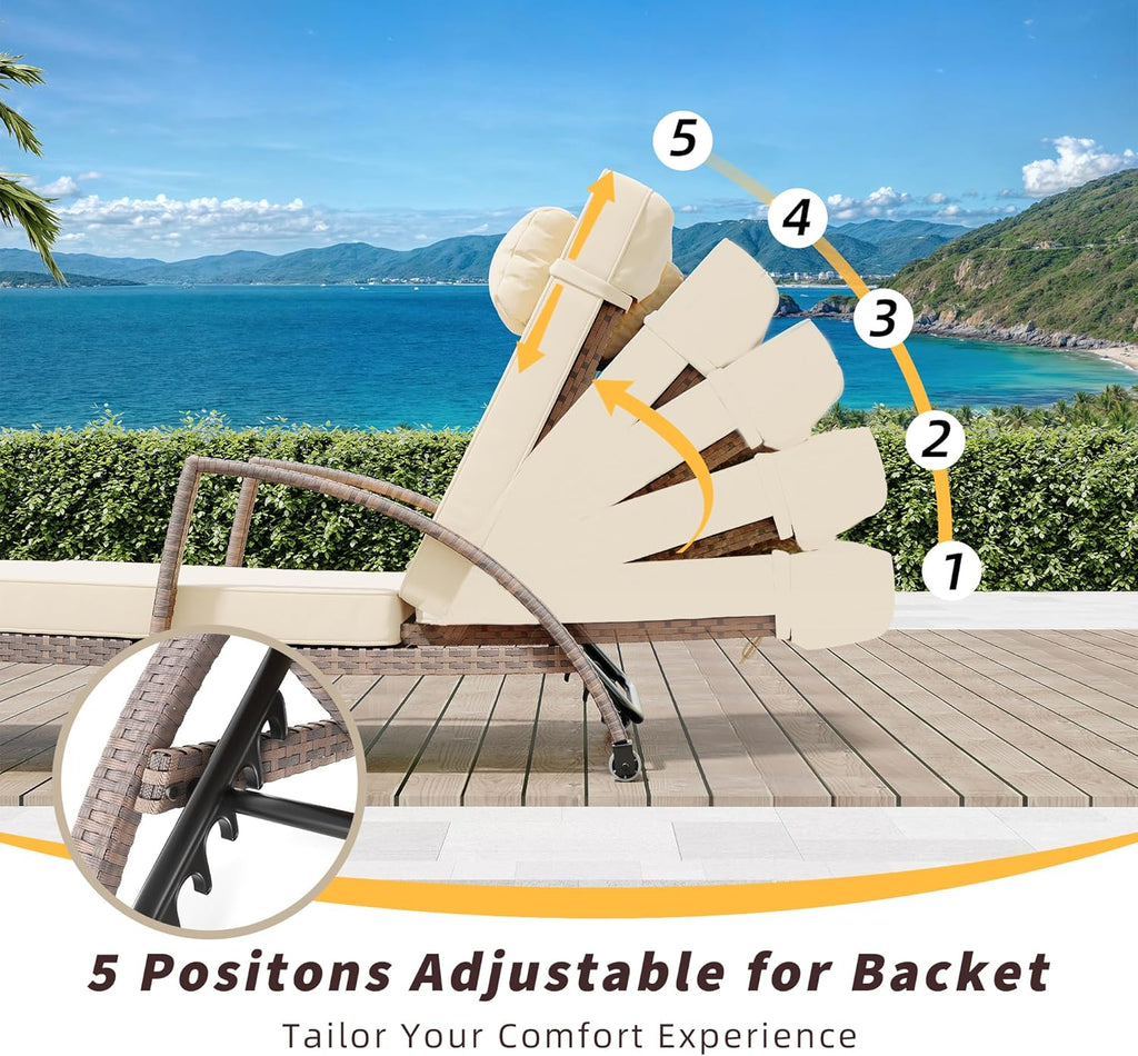 2 Beige Wicker Adjustable Pool Chaise Lounges