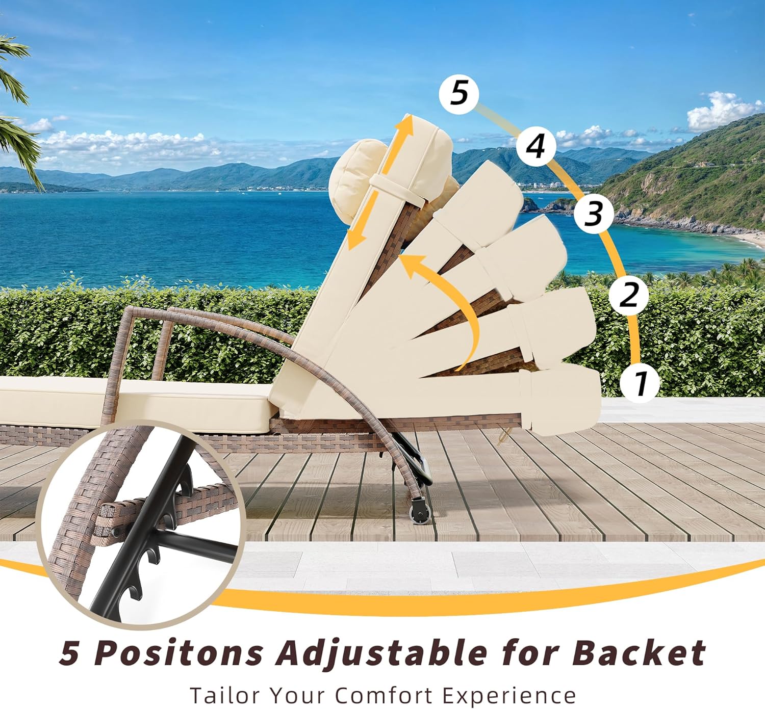 2 Beige Wicker Adjustable Pool Chaise Lounges