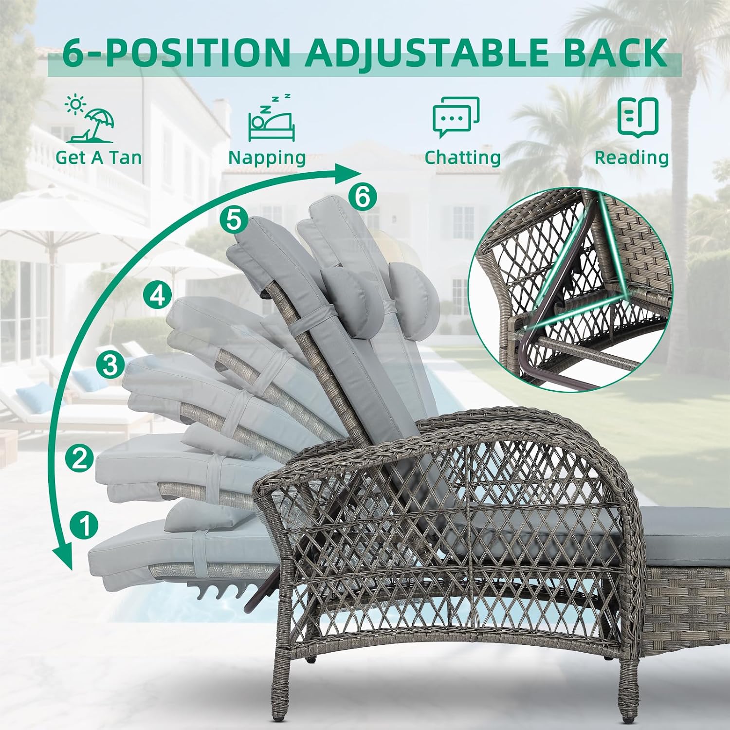 VIVIJASON Outdoor Wicker Chaise Lounge Chair, All-Weather PE Rattan Cushioned Patio Lounger Chair, 6-Position Adjustable Pool Sunbathing Recliner with Armrest & Pillow for Poolside Deck Yard, Gray