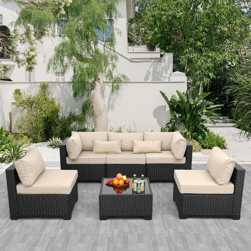 Rattaner Khaki 6-Piece All-Weather Wicker Patio Sectional Set
