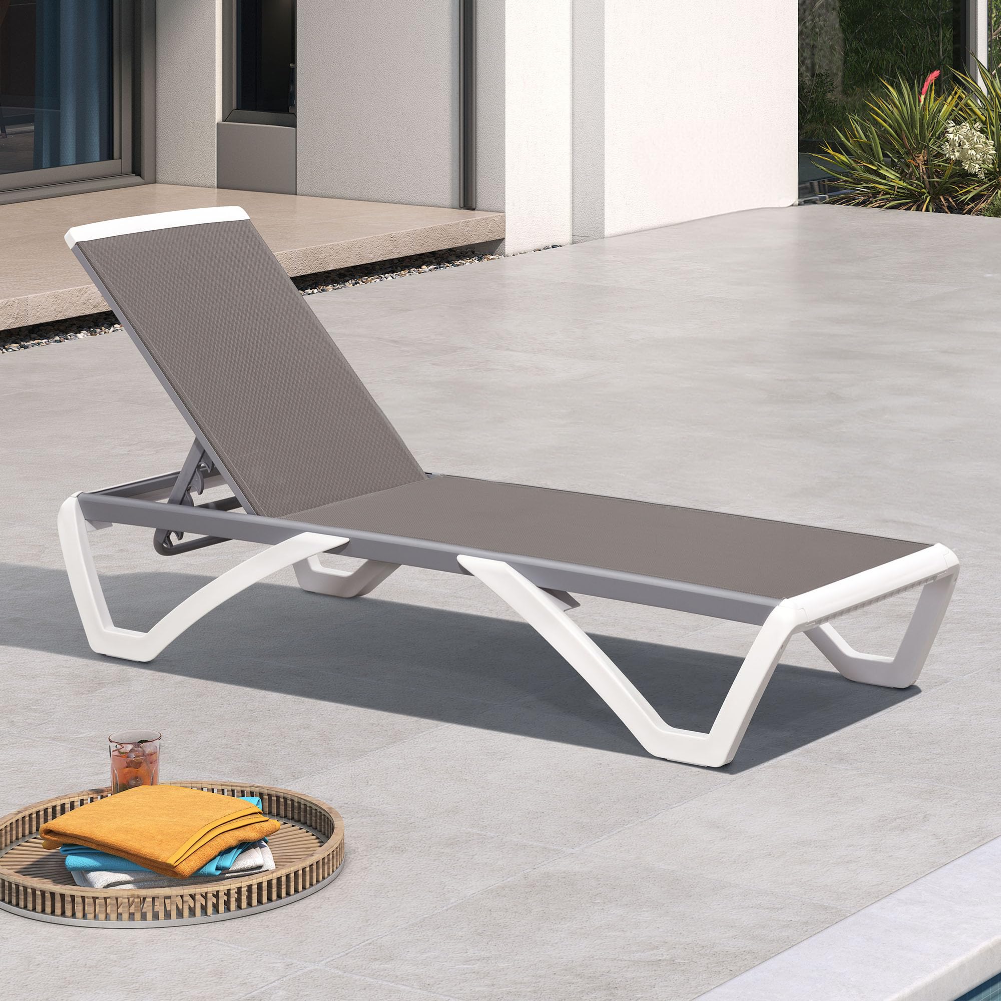 PURPLE LEAF Patio Chaise Lounge Chair with Armrests Outside Aluminum Plastic Stackable Tanning Chairs for Pool Sunbathing Beach Deck Outdoor Lounger, Khaki