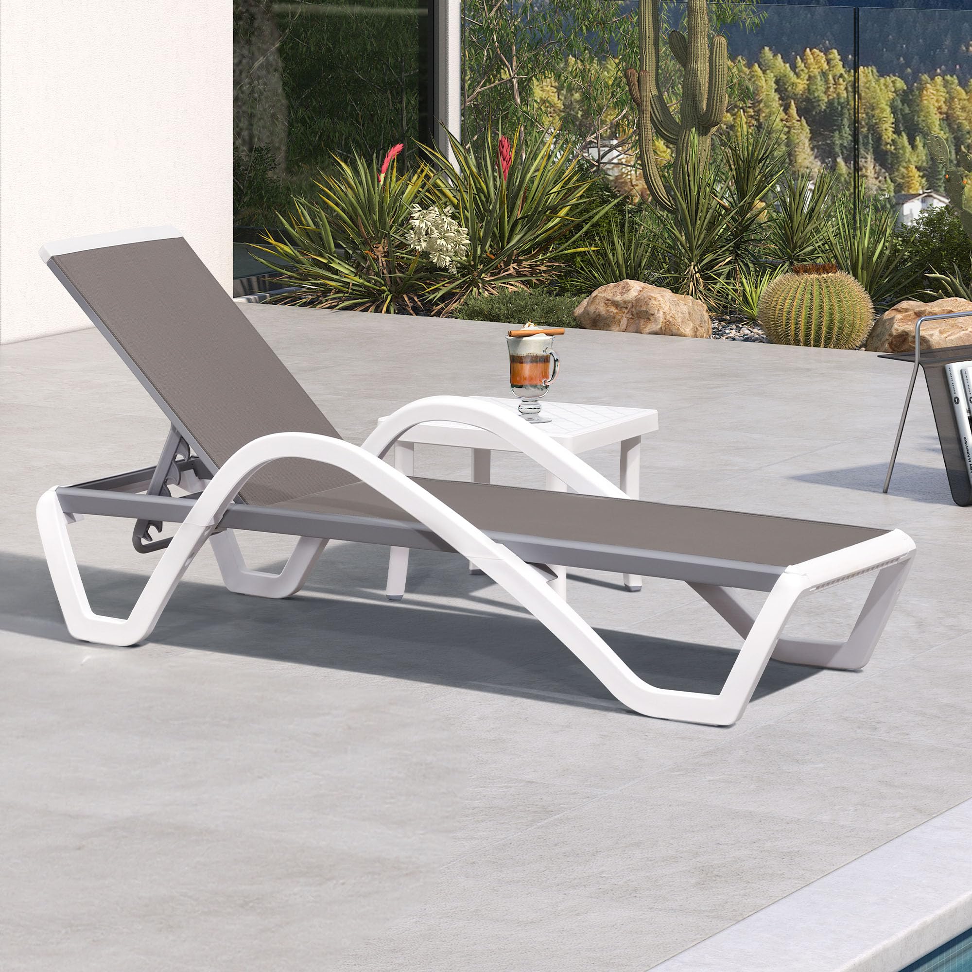 PURPLE LEAF Patio Chaise Lounge Chair with Armrests Outside Aluminum Plastic Stackable Tanning Chairs for Pool Sunbathing Beach Deck Outdoor Lounger, Khaki