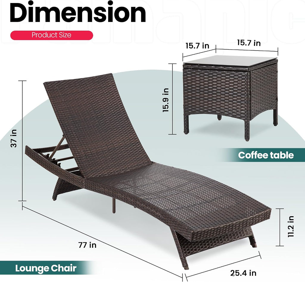 Pamapic Patio Chaise Lounge Set 3 Pieces with Adjustable Backrest and Removable Cushion, Outdoor Pool Chair for Patio Poolside Backyard Porch