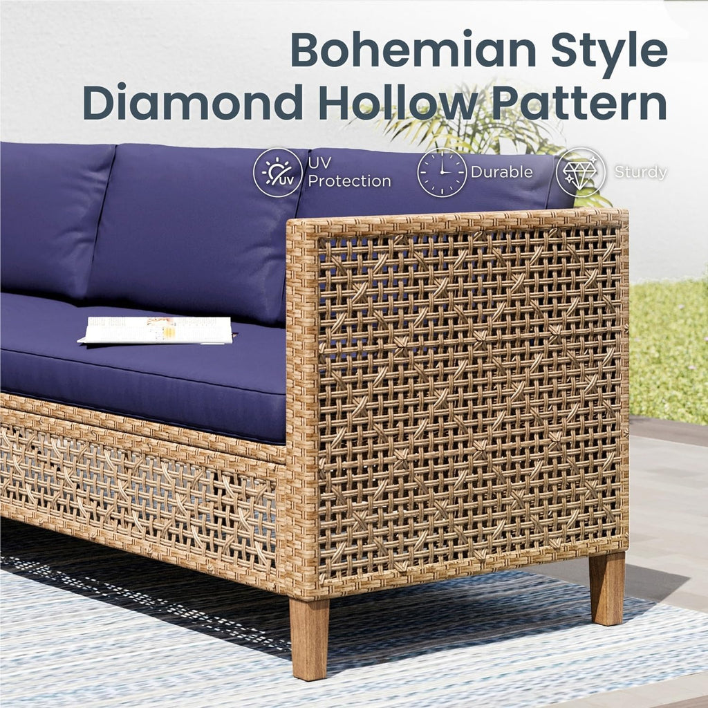 Navy 7pc U-Shaped Wicker Patio Set